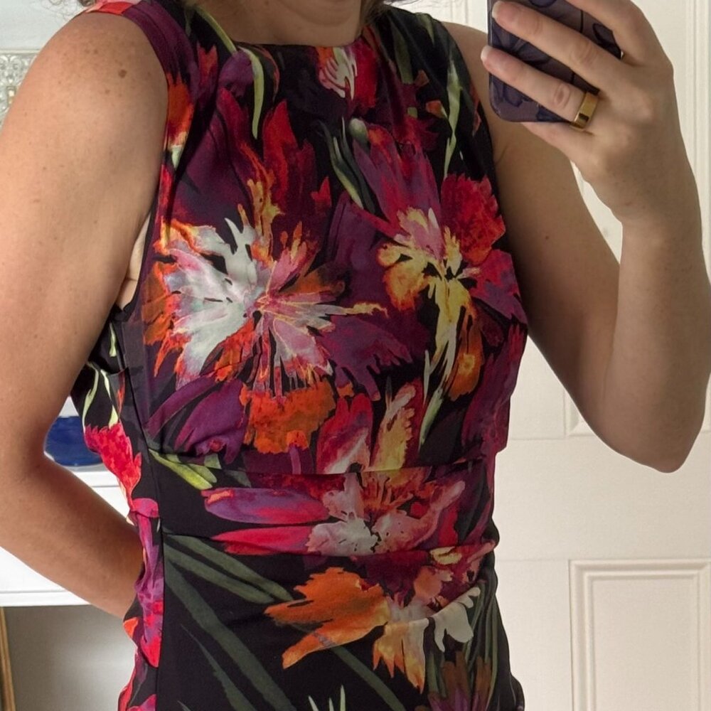 Nicole Miller Dark Floral Printed Knee Length Ruched Dress